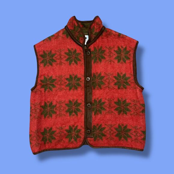 Vintage Jackets & Blazers - Vintage Norwegian Wool Vest Sleeveless Jacket Footprint Design Medium Red